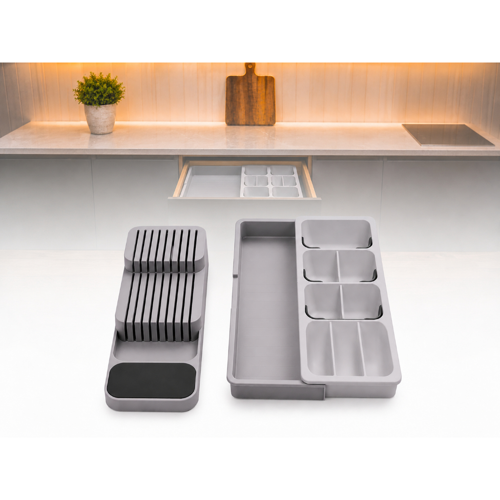 Kit Organizador de Gaveta Porta Talheres Extensível e Suporte de Facas