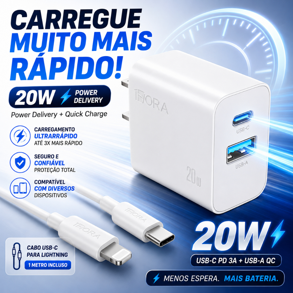 Carregador Rápido 20W com Portas USB-C PD 3A e USB-A e Cabo Lightning - Plug Americano