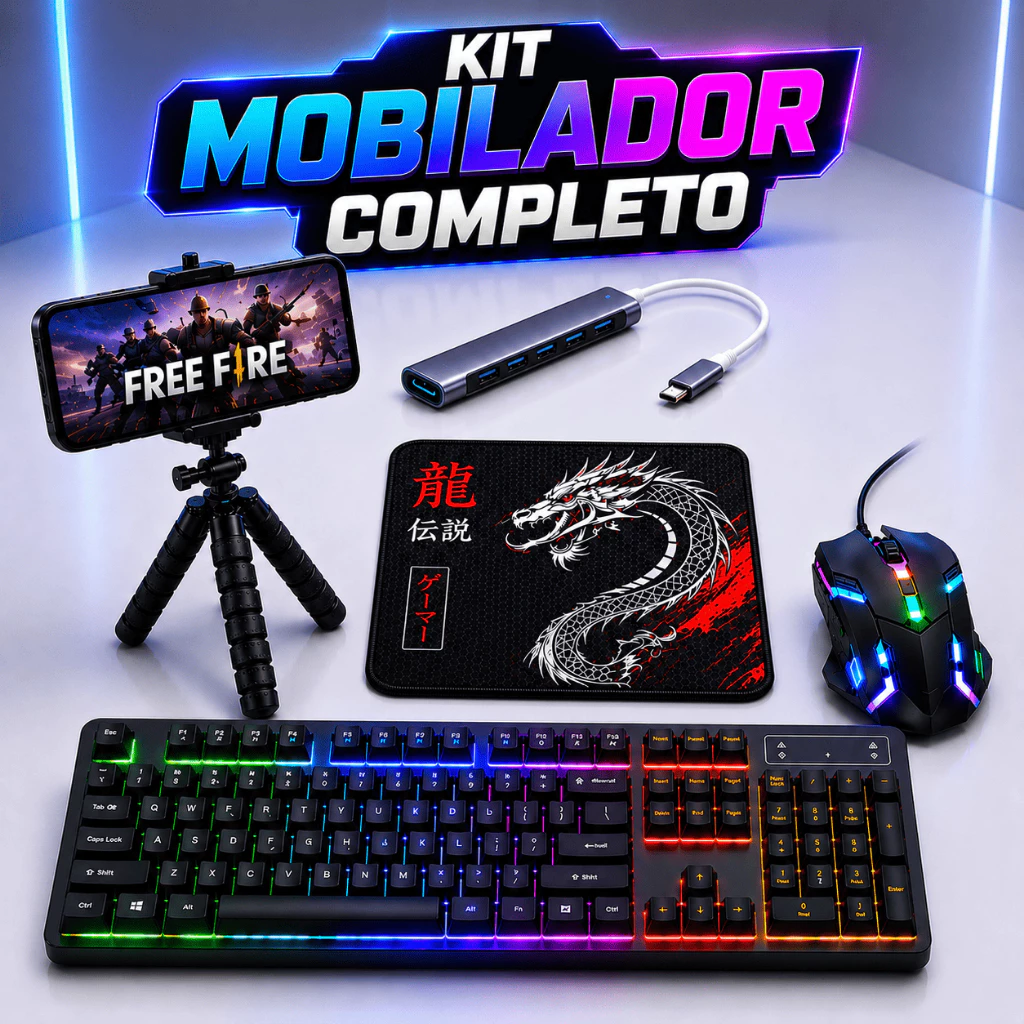 Kit Mobilador Gamer Completo Teclado RGB Mouse Gamer Mouse Pad Hub USB C Tripé Celular Free Fire — imagem 1