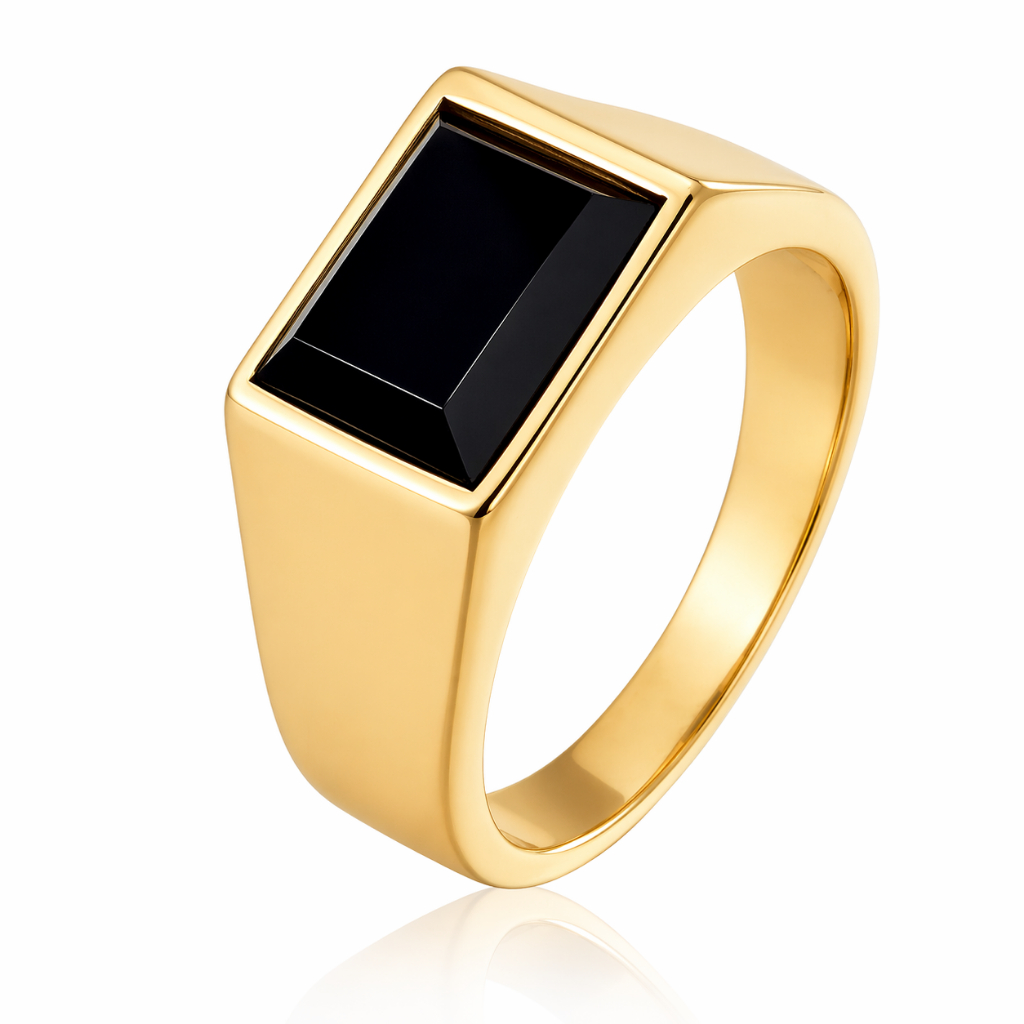 Anel Masculino Comendador Pedra Preta Ônix Banhado Ouro 18k Luxo Robusto Formatura Direito Anatômico Resistente
