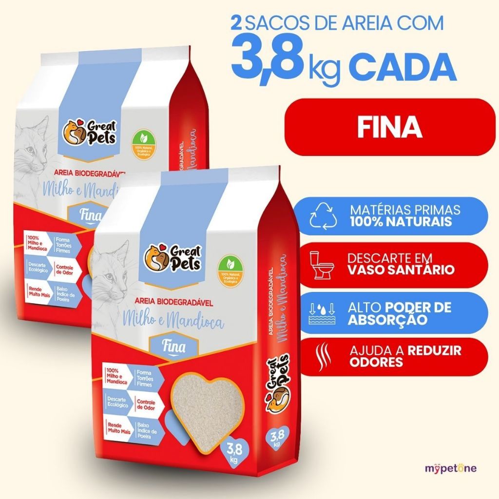 Kit 2 Areia Biodegradável Fina 3,8 Kg para Gatos - Great Pets