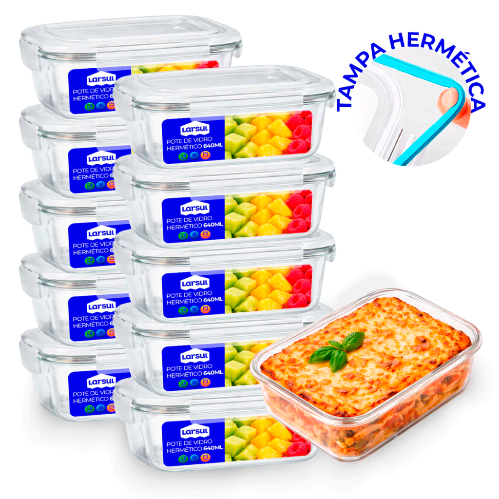 Conjunto 5/10 Potes 370/640/640ml Vidro Hermético Mantimentos Marmita Fitness