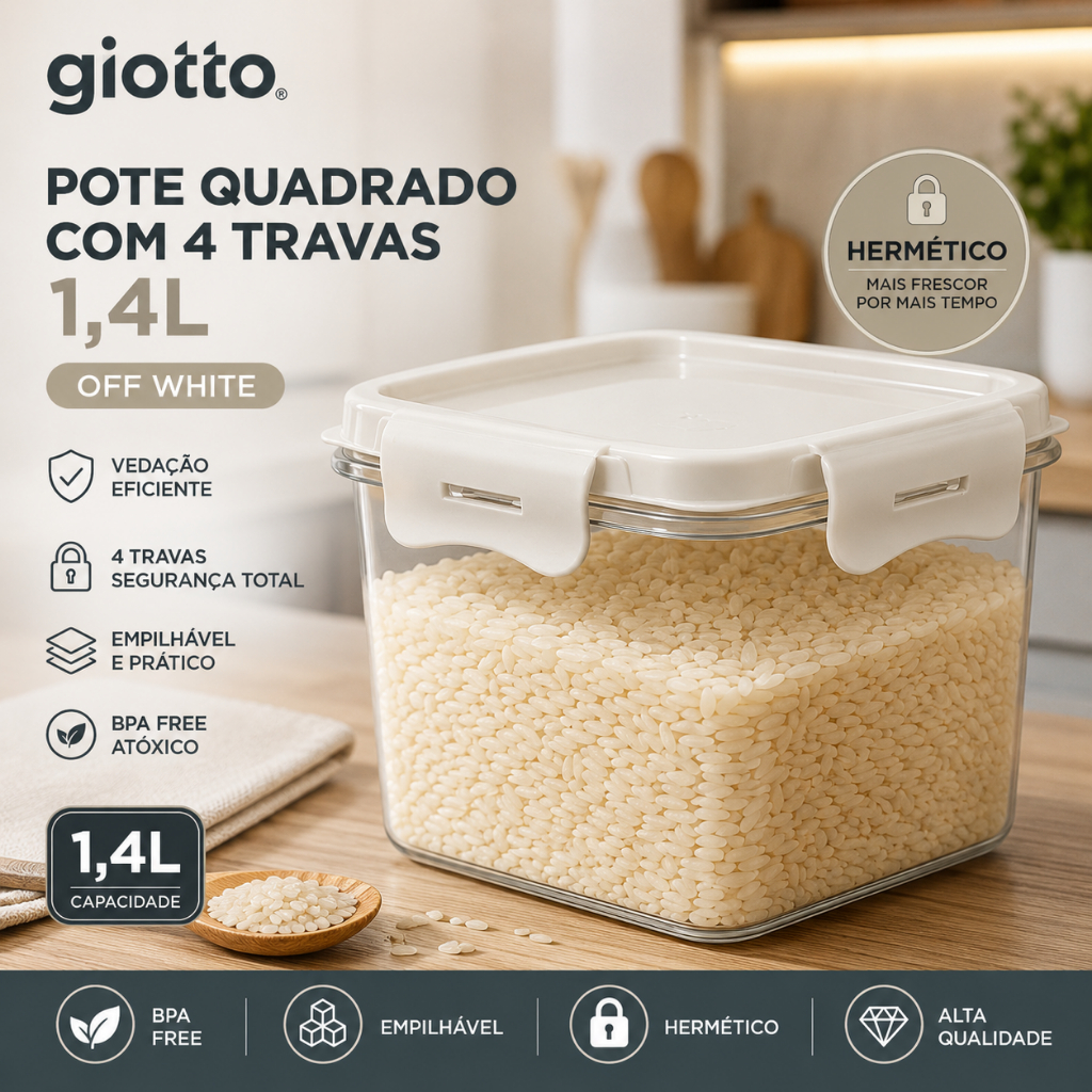 Pote Quadrado Com 4 Travas 1,4L Off White Unidade Hermético Armazenamento Giotto