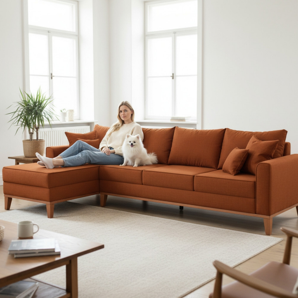 Sofá 4 Lugares Beny com Chaise Esquerdo Suede Terracota