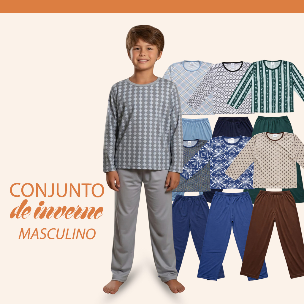 Pijama de Dormir Infantil Menino Manga Longa Poliéster Conforto e Estilo Inverno