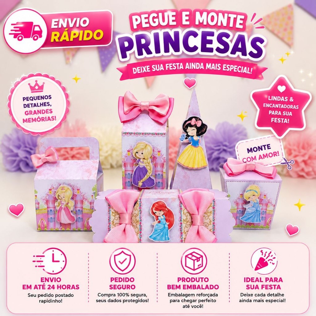 Kit Festa Princesas Disney  Personalizado Pegue e Monte  - Caixinhas Lembrancinhas Festa Infantil