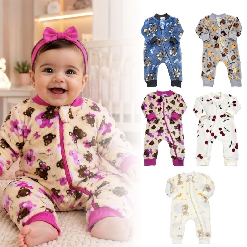 Macacão bebê frio em fleece pelucia premium estampado menino menina, maternidade, enxoval