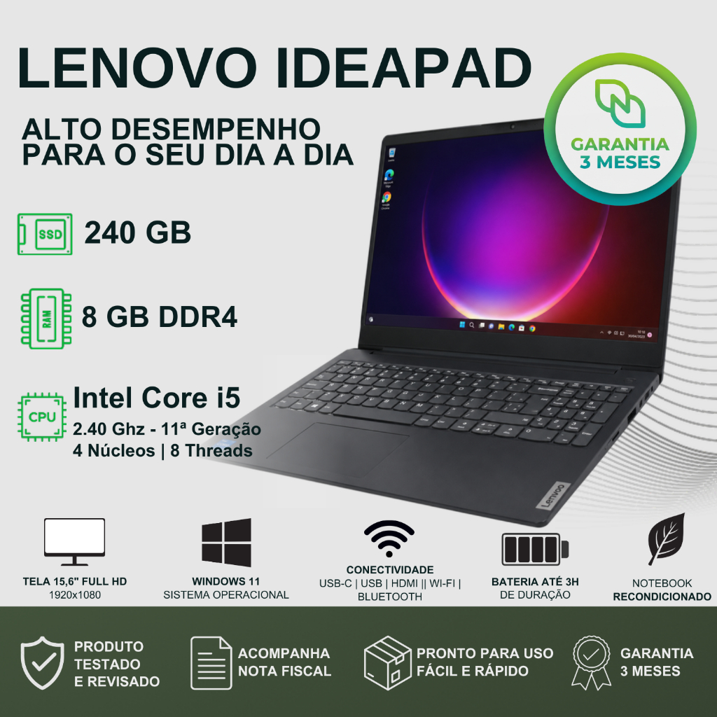 Notebook Lenovo 15,6 | Core I5 11a Ger | Ssd 240gb | Ram 8gb - QUALIDADE TRABALHAR CONFIAVEL BARATO ESTUDO FACULDADE