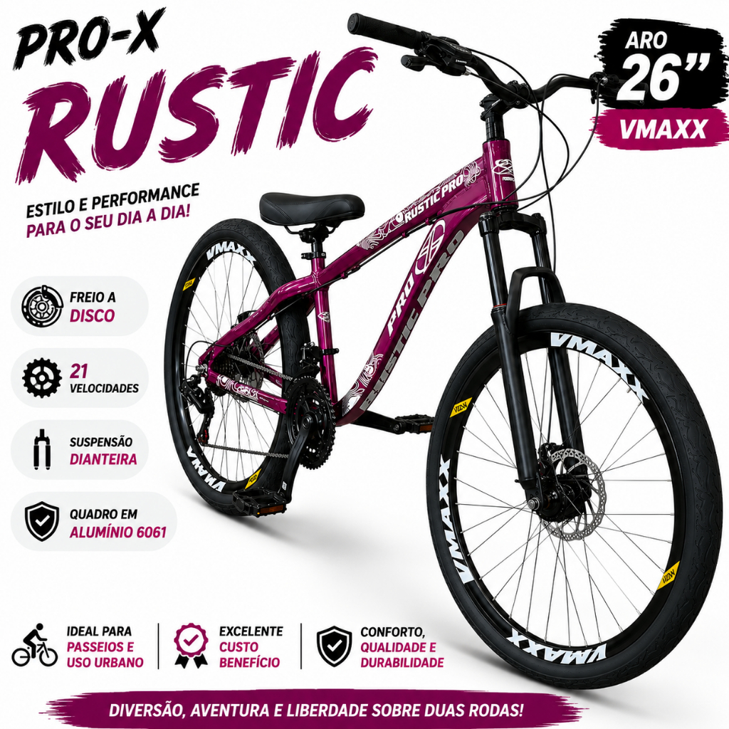 Bicicleta Aro 26 Pro-X Rustic 21v Freio A Disco Alumínio 6061 Vzan Vmaxx Roxo