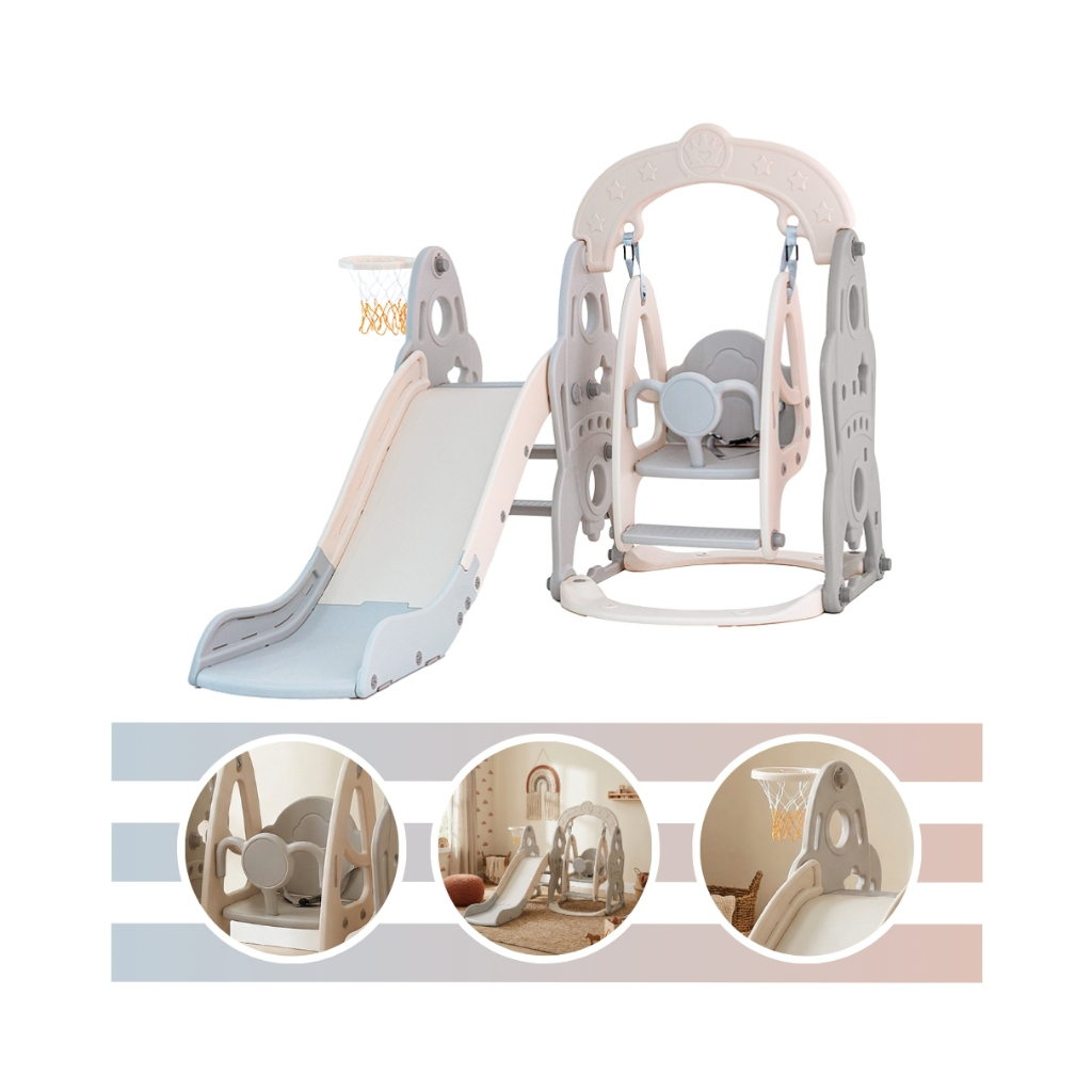 Playground Infantil com Balanço, Escorregador e Escadinha Freso, Cesta de Basquete Seguro Divertido