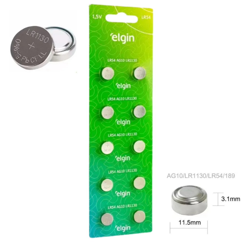 Pilhas Baterias Lr1130 Lr54 Ag10 Alcalina Elgin C/10 unidades