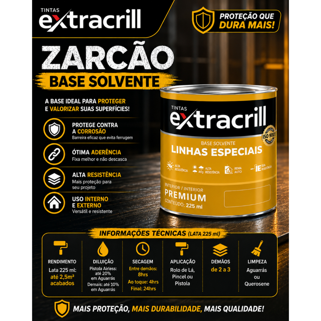 Zarcão 225ml Fundo Anticorrosivo Extracrill Base Solvente Ferrugem Cor Cinza