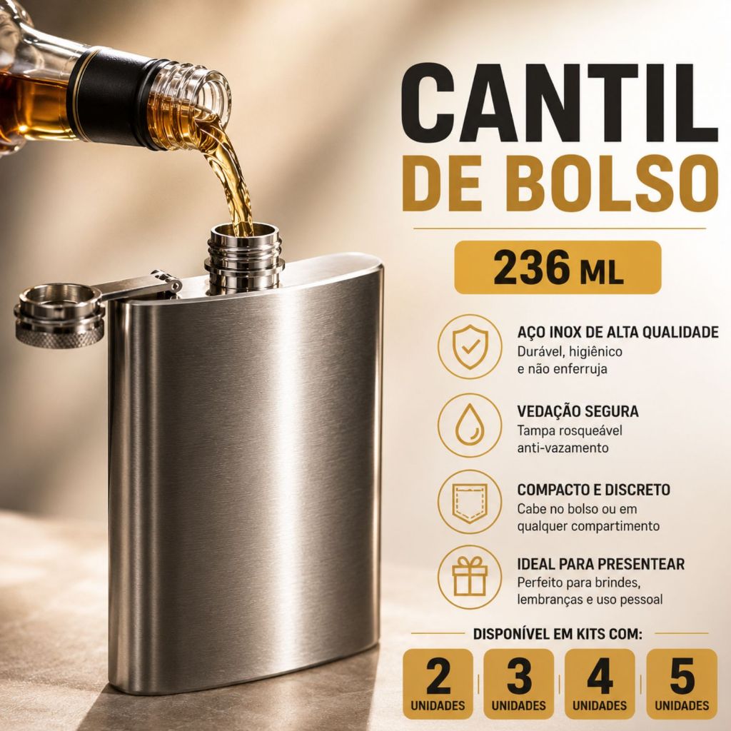 Kit Cantil De Bolso 236ml Porta Bebida Whisky Em Aço Inox 8 Oz NÃO REALIZAMOS PERSONALIZAÇÃO