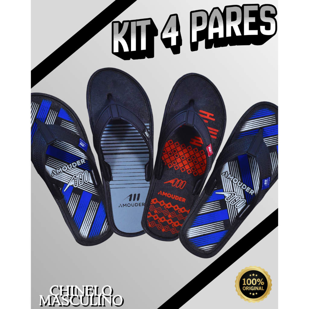 Kit 4 Pares Chinelo Masculino Adulto Super Promoção Casual Resistente e Confortável Solado Antiderrapante Macio Leve