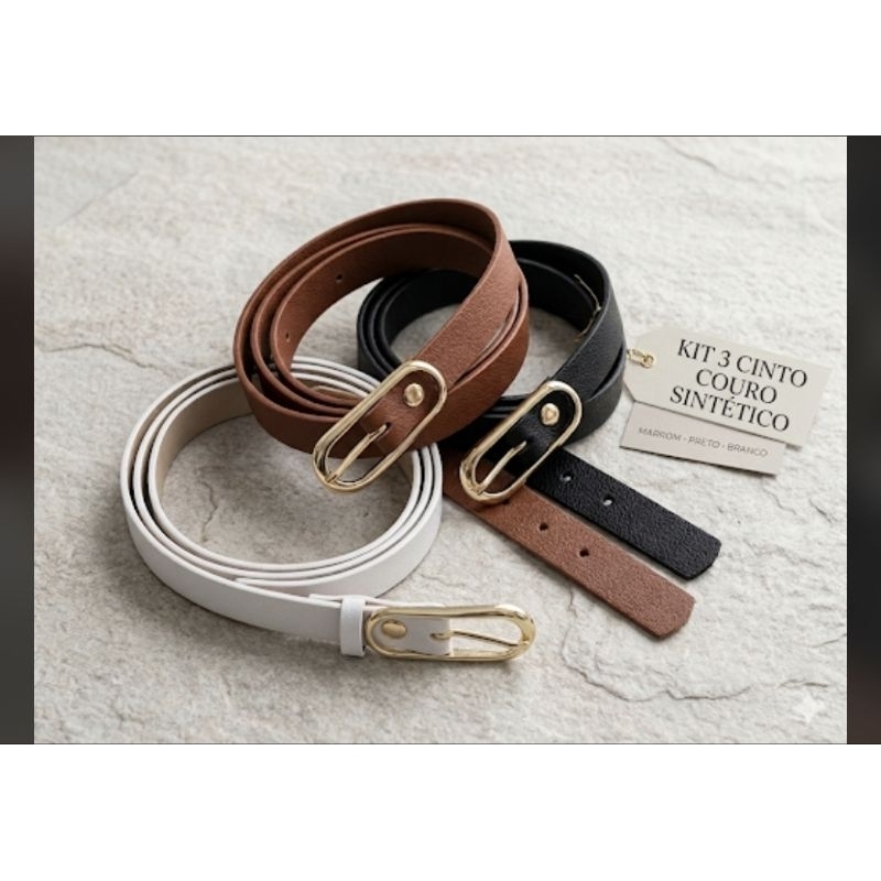 Kit com 3 Cintos Feminino em Couro Ecologico com fivela dourada basico e elegante