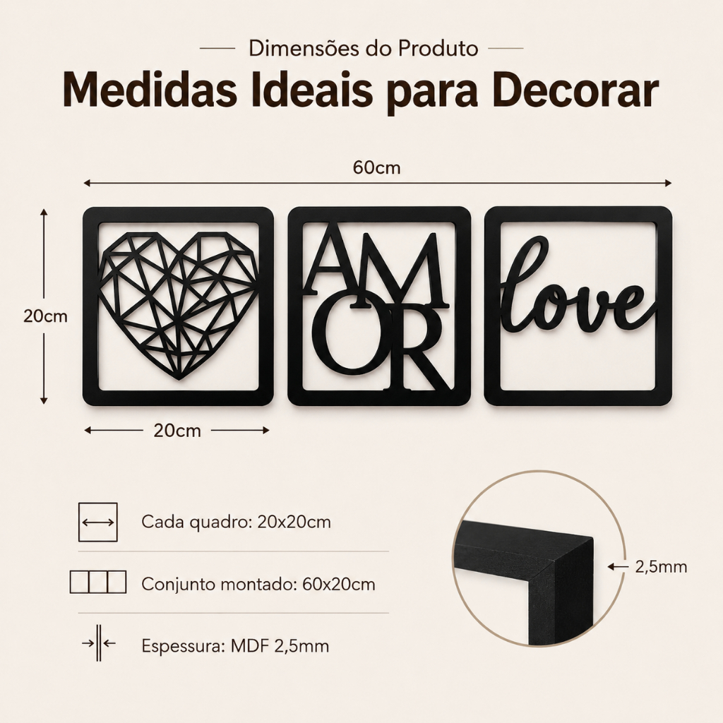 Kit 3 Quadros Love Coração Geométrico Amor + Frase Abençoado por Deus 60x8cm em MDF — imagem 2 de 2