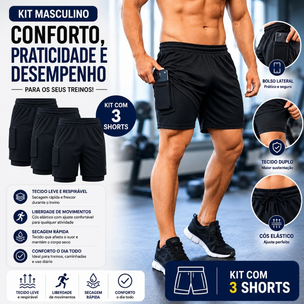 Kit 3 Shorts Bermuda Duplo Compressão Masculino Preto Dryfit Para Academia Corrida Caminhada Esportes