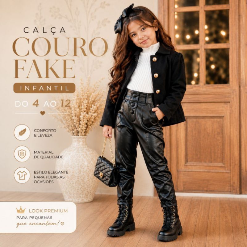 Calça Couro Fake Infantil Menina Moda Inverno Blogueirinha do 4 ao 12