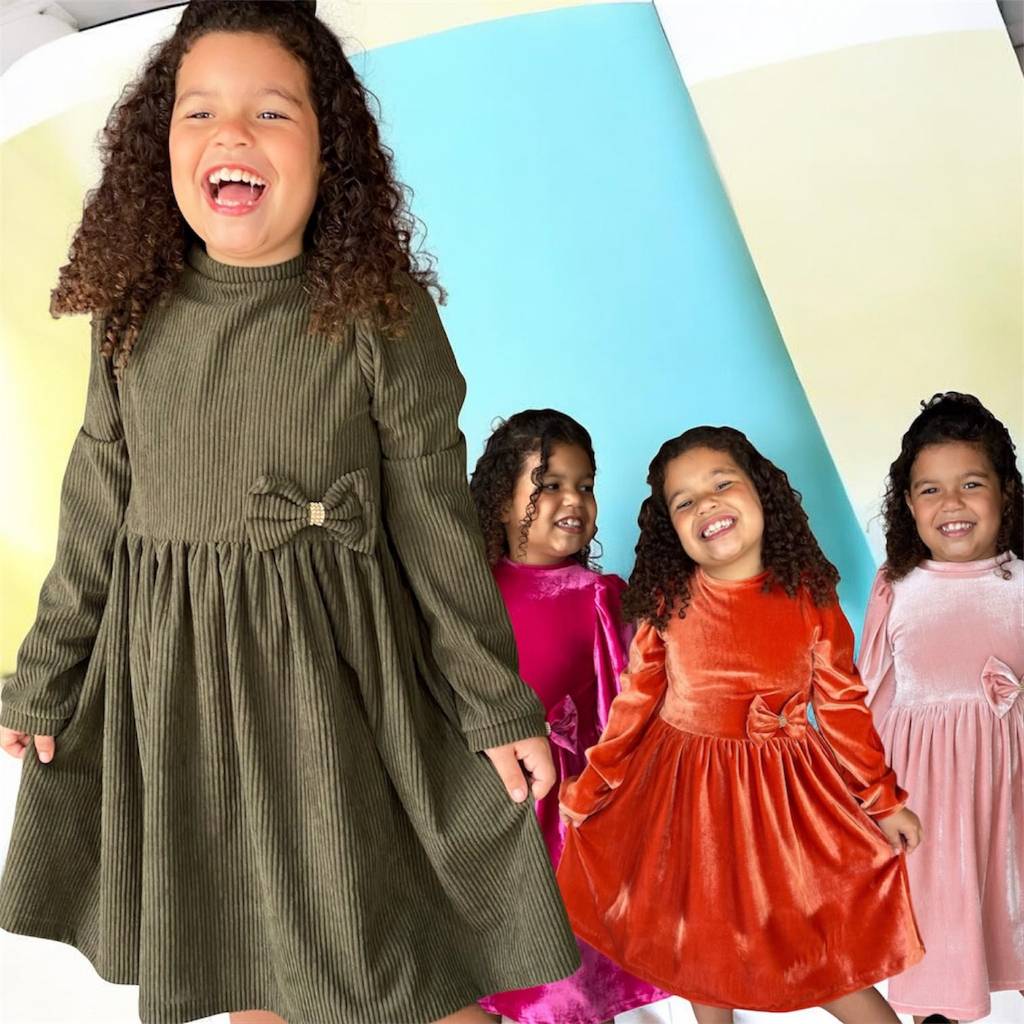 VESTIDO INFANTIL VELUDO PRINCESA MANGA LONGA COM LAÇO MENINA 1 A 12 ANOS