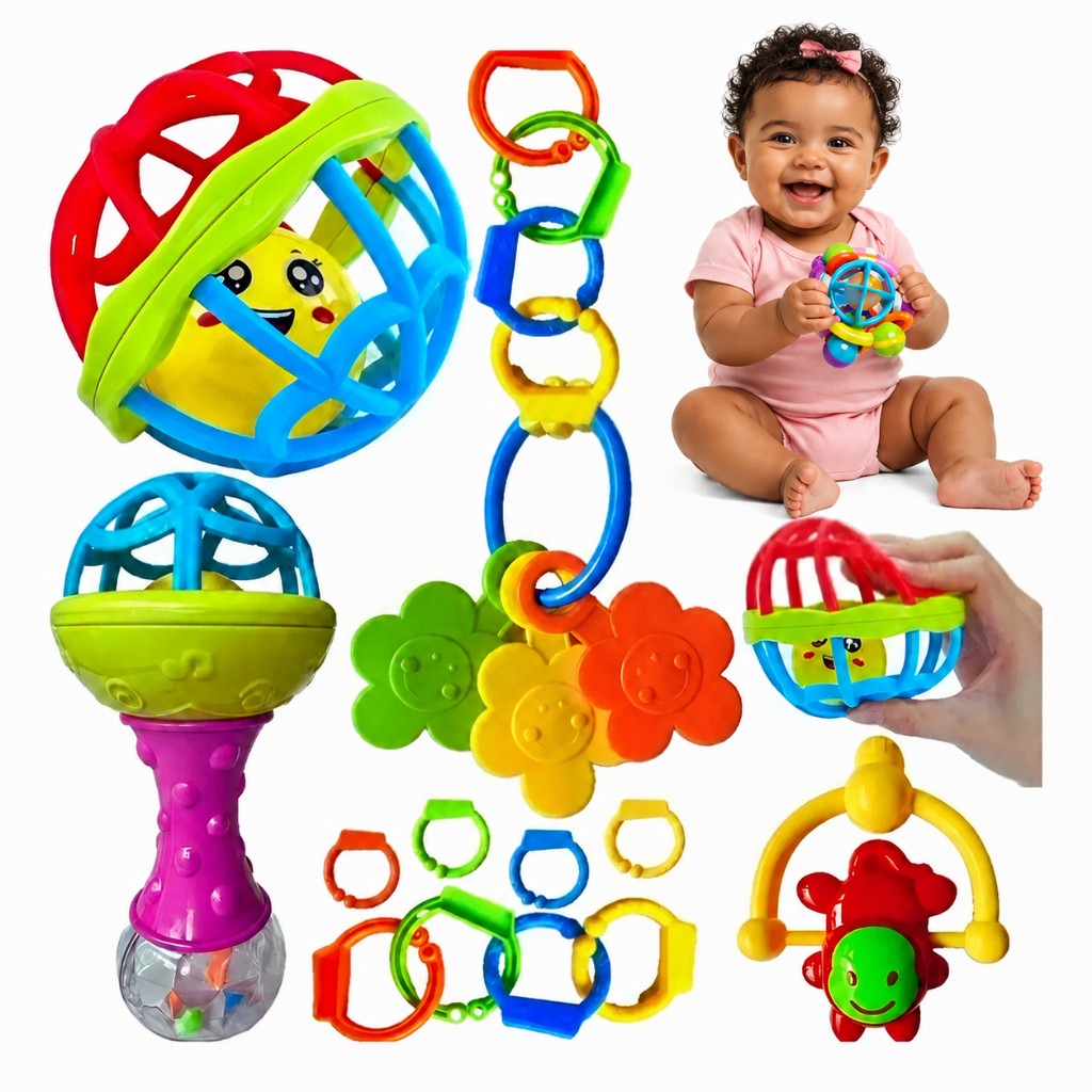 Kit 8 Peças Chocalho Mordedor Bebê Silicone Macio Bola Sensorial Colorido Brinquedo Menina Menino