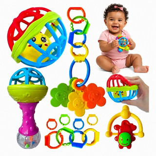 Kit 8 Peças Chocalho Mordedor Bebê Silicone Macio Bola Sensorial Colorido Brinquedo Menina Menino