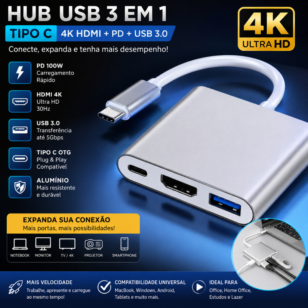 Hub USB 3 Em 1 OTG Tipo C Para 4K HDMI PD Conversor Fêmea De Carregamento Rápido Laptop PC Office