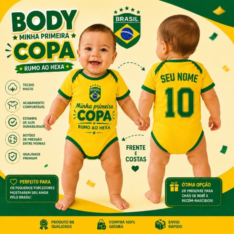 Body Bebê Brasil Minha Primeira Copa Rumo ao Hexa Body Infantil Futebol Copa do Mundo com seu nome e número