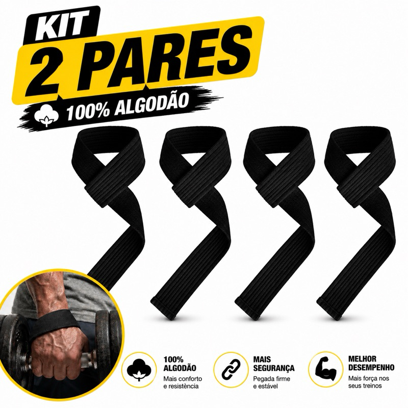 Kit 2 Pares Strap Profissional 100% Algodão Academia Musculação Crossfit Grip Para Levantamento Terra Remada e Puxada