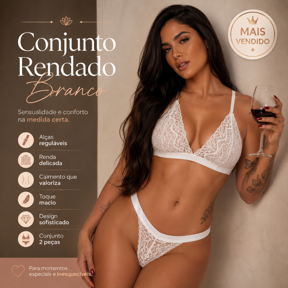 Conjunto de Lingerie em Renda com Top Triângulo e Calcinha Cavada