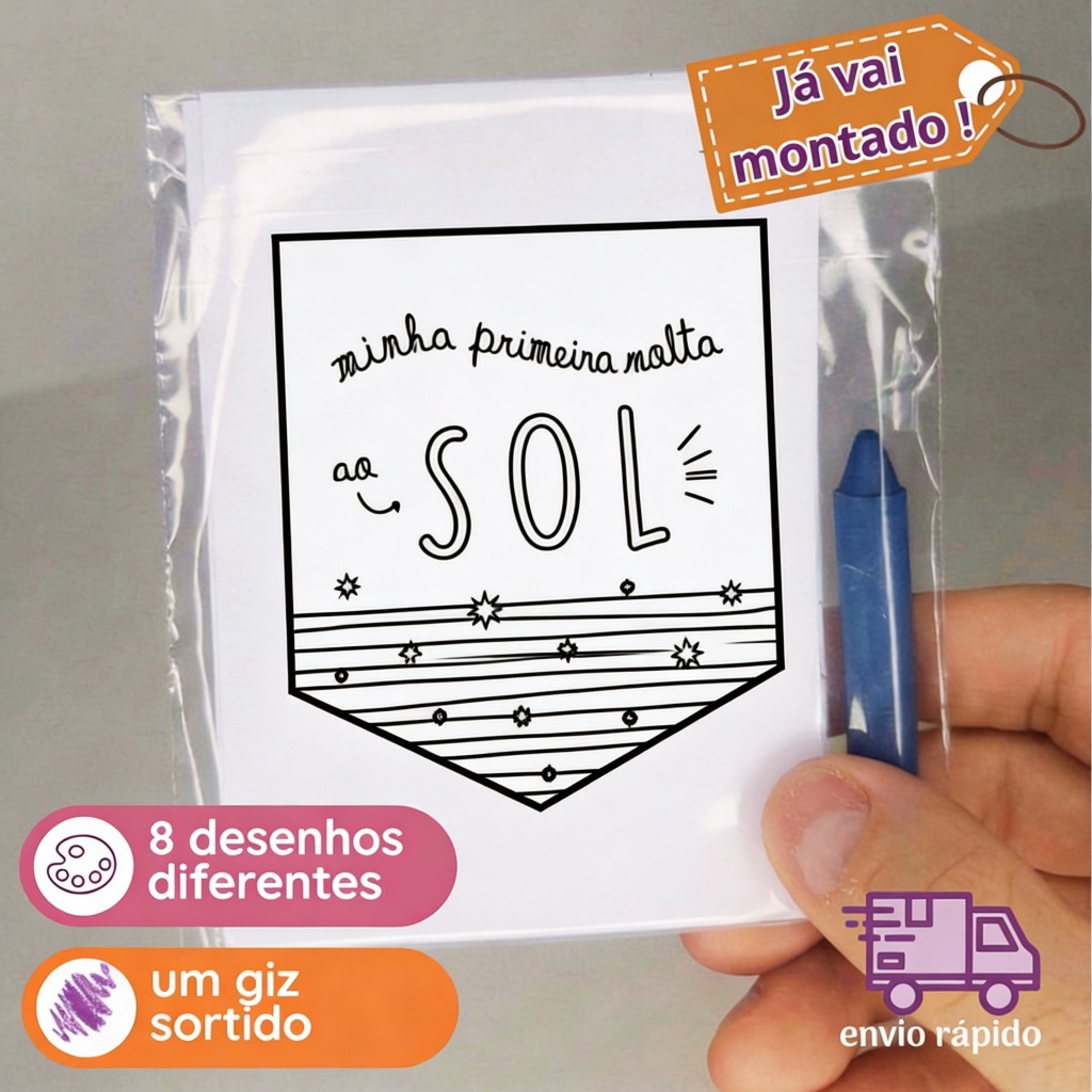 Primeira volta ao sol lembrancinha Colorir Pintar com mini Giz Infantil – Kit 8 Desenhos diferentes