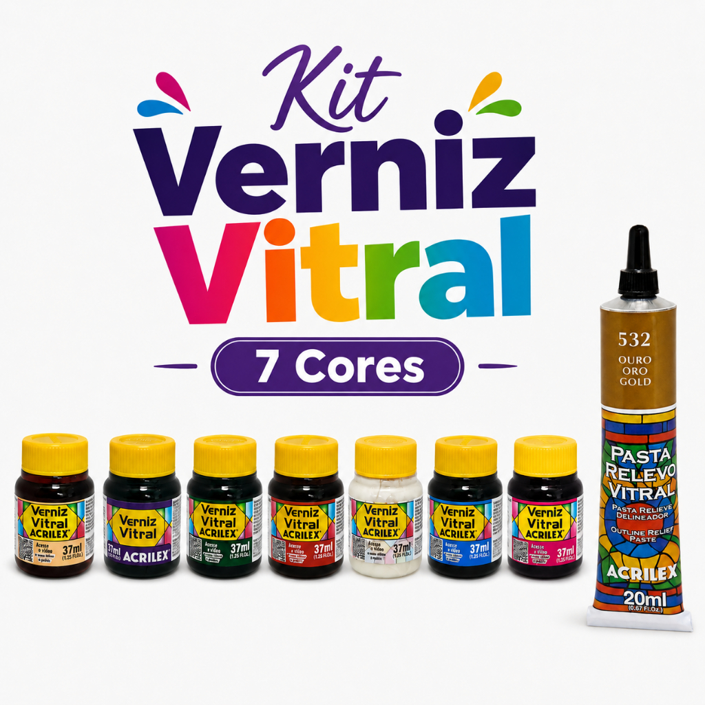 Kit Verniz Vitral Acrilex 37ml 7 Cores Vidro Cerâmica Porcelana Faiança Artesanato Brilhante Pintura