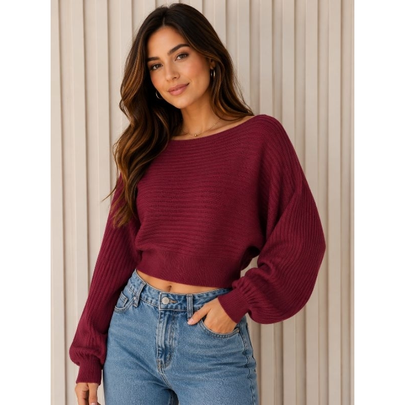 Blusa Cropped Morcego Canelada Feminina Manga Longa Tricot Mousse