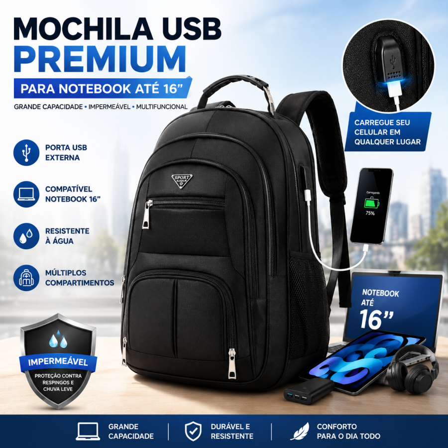 Mochila Executiva USB para Notebook até 16" Grande Capacidade Impermeável para Trabalho Faculdade e Viagem
