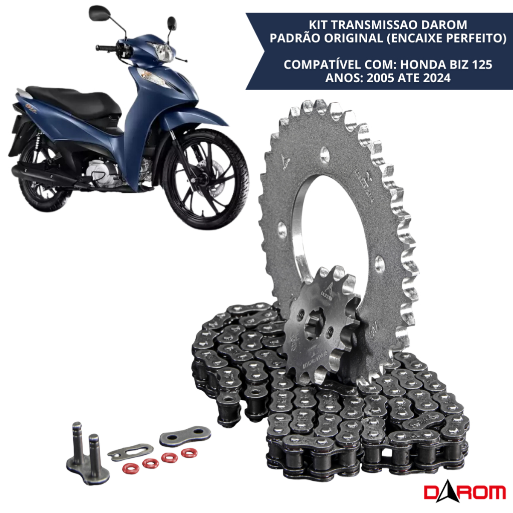 Kit Transmissão Completo Honda Biz 125 2005 2006 até 2024 Corrente Coroa Pinhão Com Retentor Darom