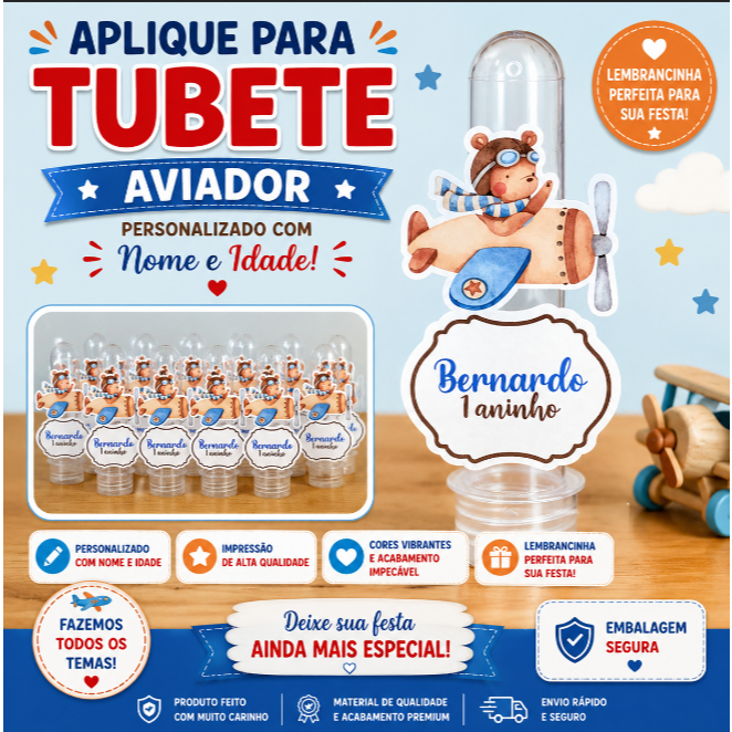 Aplique para Tubete Ursinho Aviador Personalizado Com Nome e Idade Lembrancinha Festa Infantil