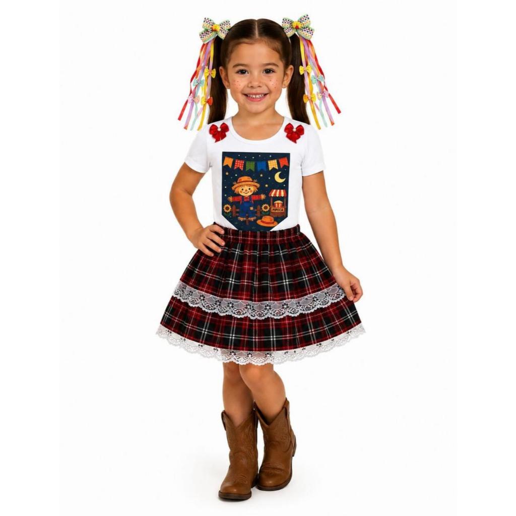 Conjunto para Festa Junina Caipira Bandeira com Body estampado Saia Xadrez e Laços para Cabelo