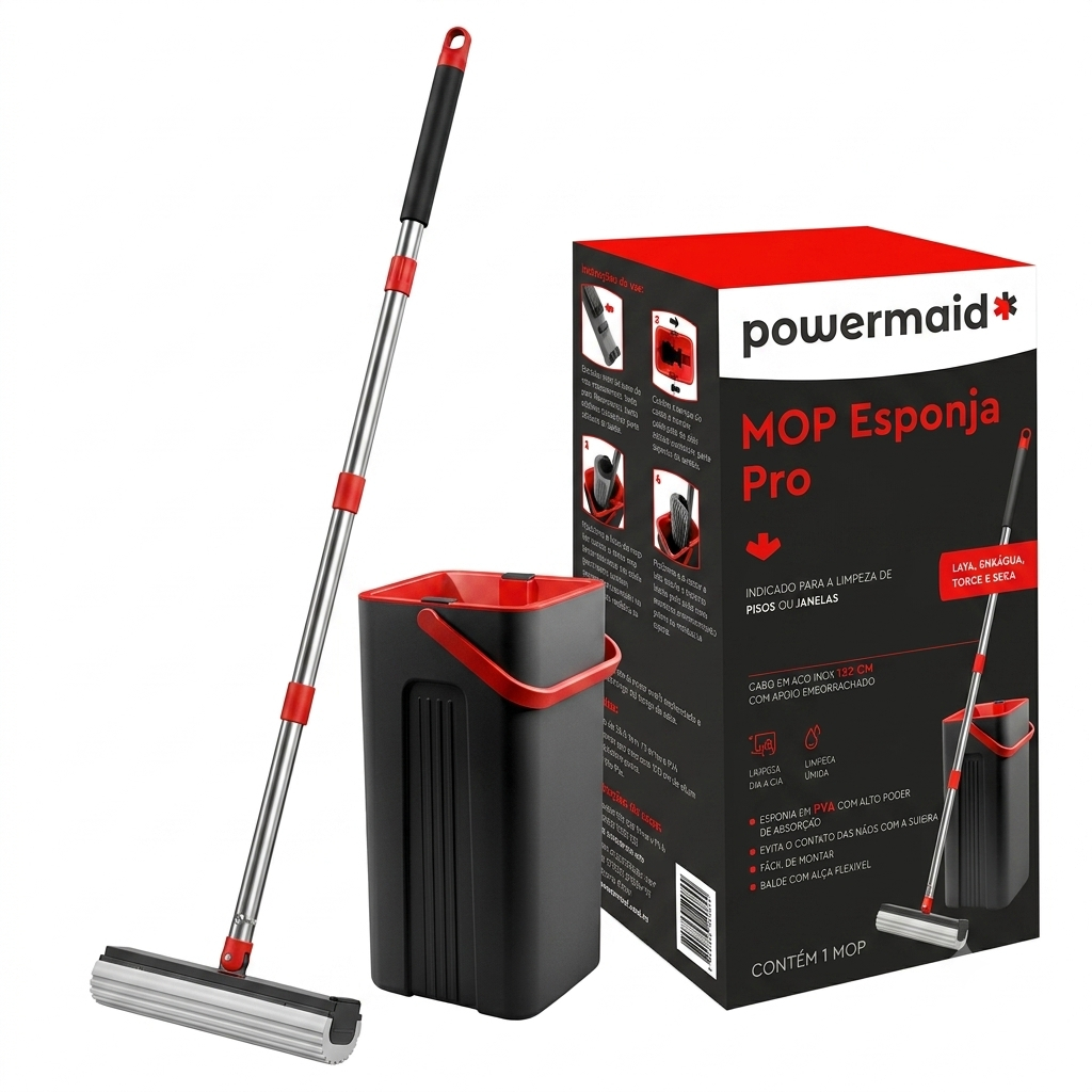Mop Esfregão Esponja Pro Com Balde Lava E Seca Esponja Forte Multiuso POWERMAID Rodo Esponja Cabo
