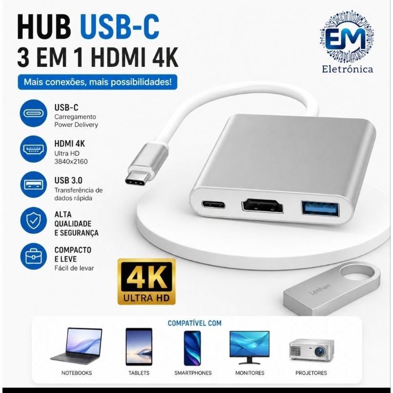 Hub USB-C 3 em 1 HDMI 4K USB 3.0 Tipo C PD Adaptador