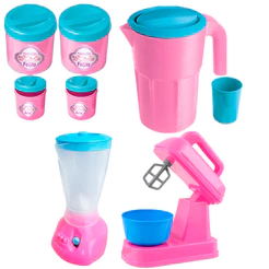 Kit C/ 4 Brinquedos Cozinha Menina batedeira porta Mantimentos Liquidifcador Jarra Copo Play Cooker