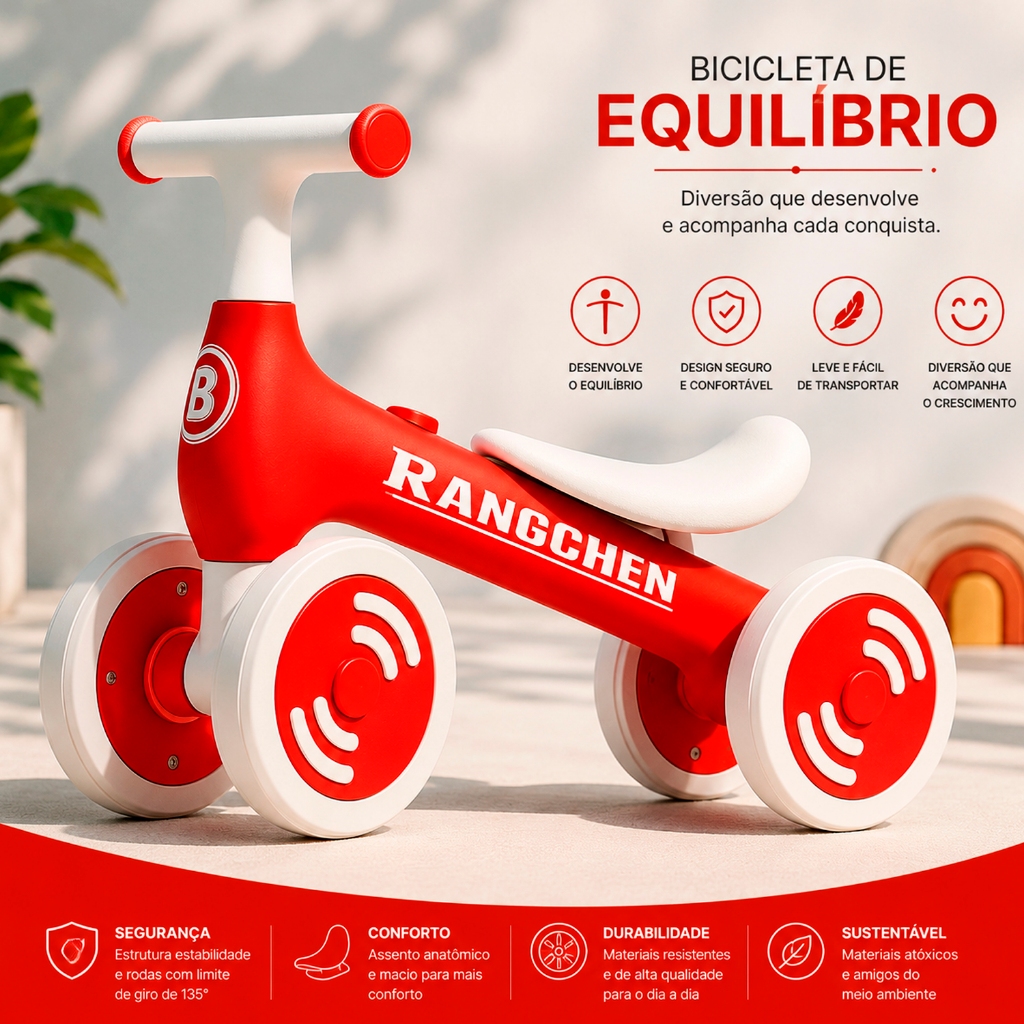 Bicicleta Equilíbrio Infantil Andador Sem Pedal 4 Rodas Bebê Criança