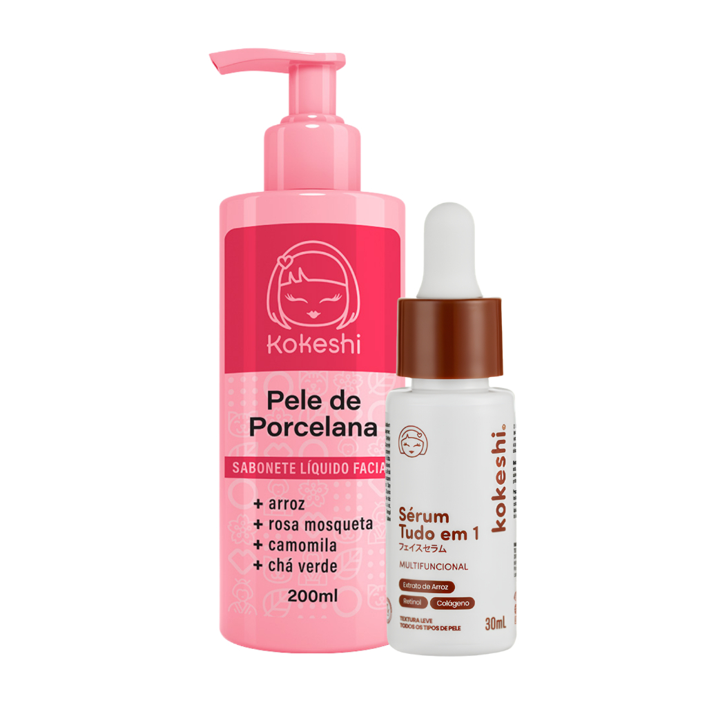 Kit Sabonete Facial e Sérum tudo em 1 Pele de Porcelana Rotina Prática