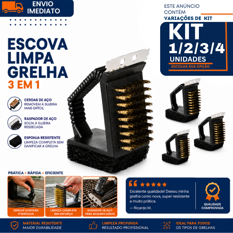 Escova Limpa Grelha Kit 1/2/3/4 Churrasqueira 3 em 1 Raspador Escova Aço Limpeza Grill Fogão Air Fryer
