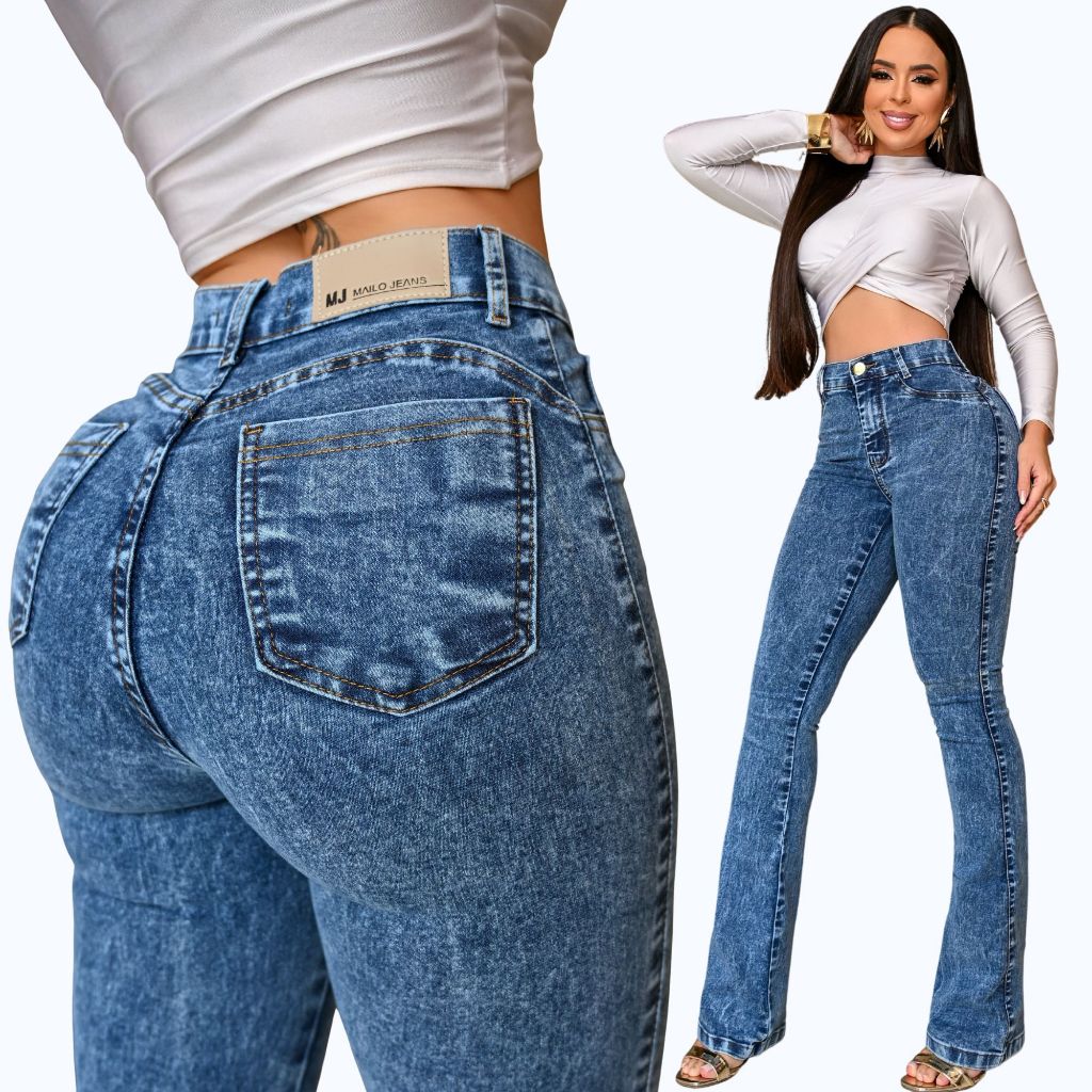 Calça Flare Marmorizada Jeans Feminina Cós Alto Empina Bumbum Com Lycra Elastano