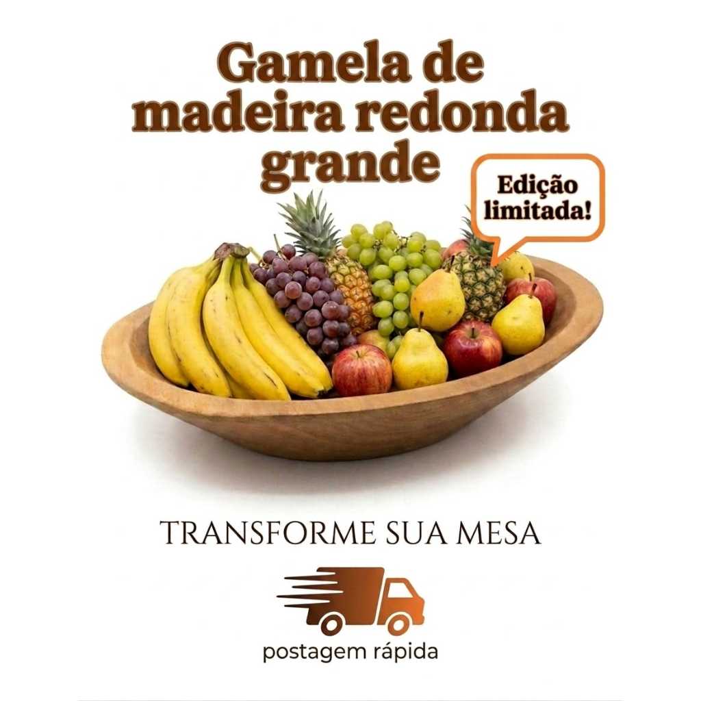 Gamela Grande de Madeira 38cm - Gamela Grande 38 cm - Reforçada - Durável - Cocho - Artefato - Tigela - Fruteira de Mesa