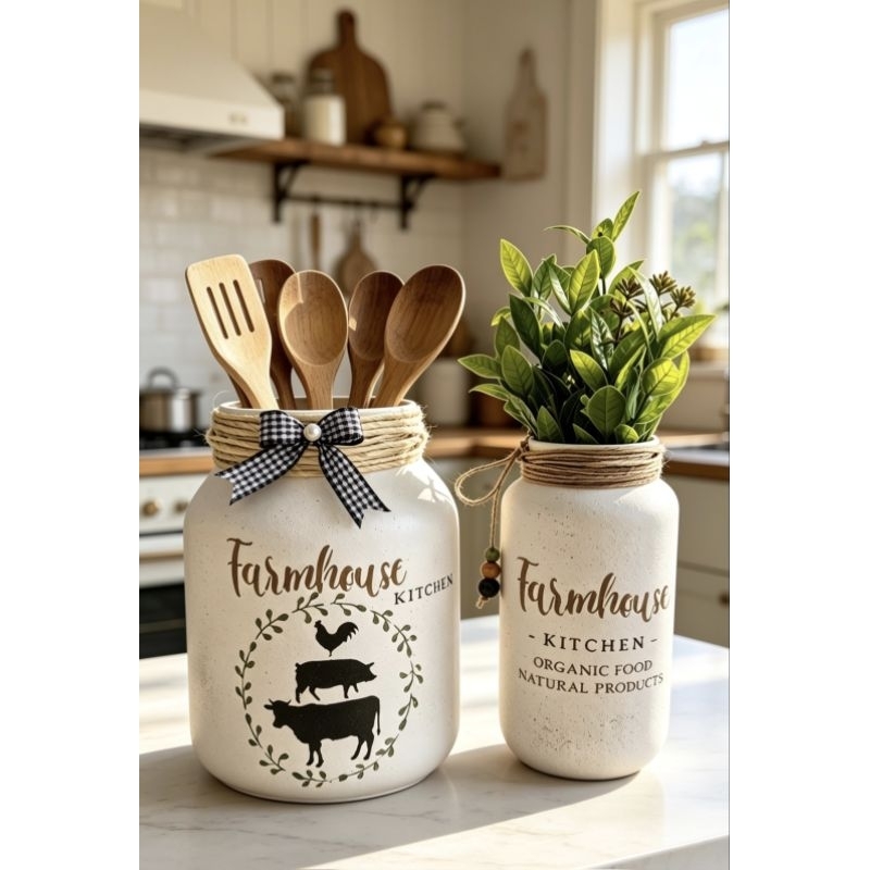 Kit Cozinha Rústica Porta Utensílios E Vaso/ Kit Farmhouse Jogo
