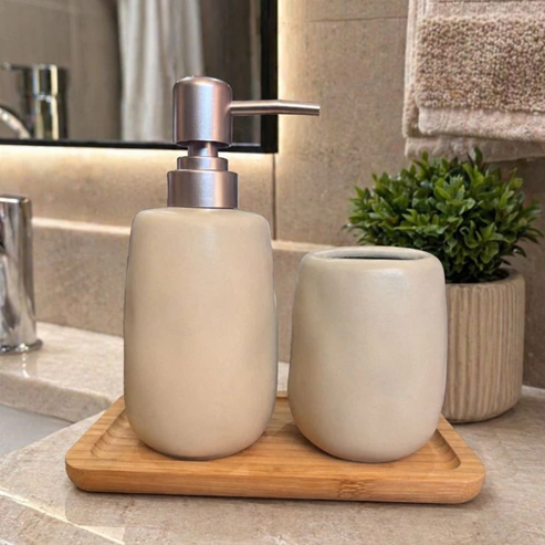 Kit Banheiro Lavabo 2 Peças + Bandeja de Bambu Porta Sabonete Líquido Suporte p/Escovas Em Cerâmica