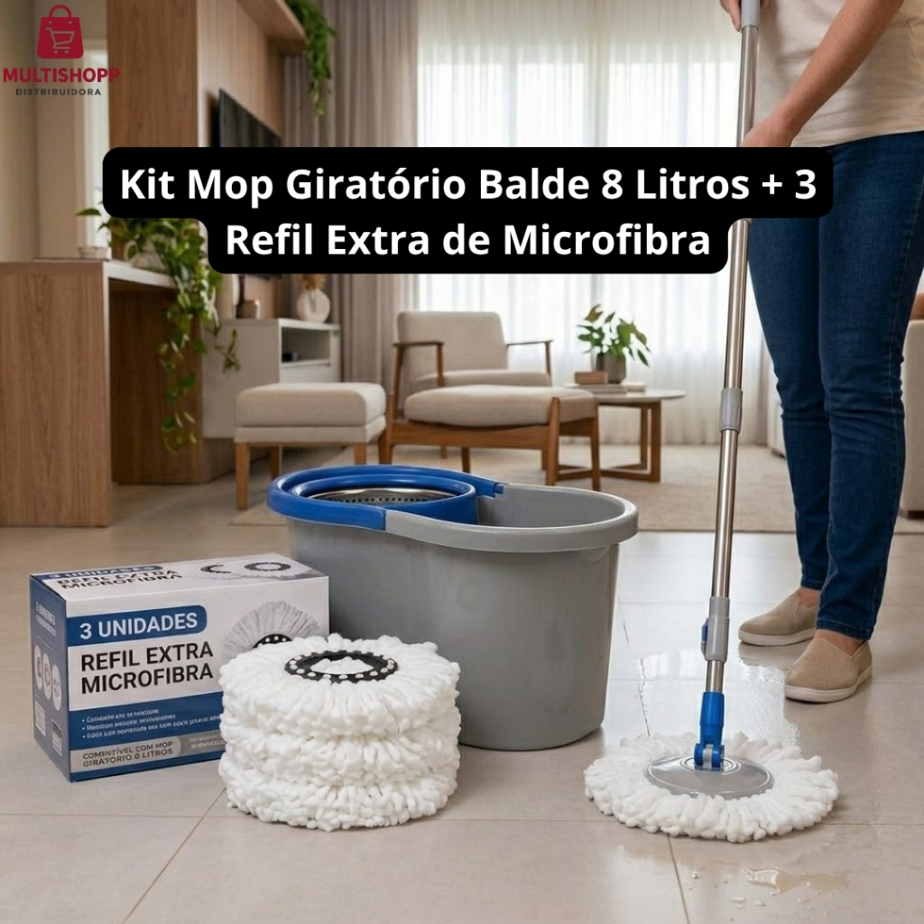 Kit Mop Giratório Balde 8 Litros + 3 Refil Extra de Microfibra
