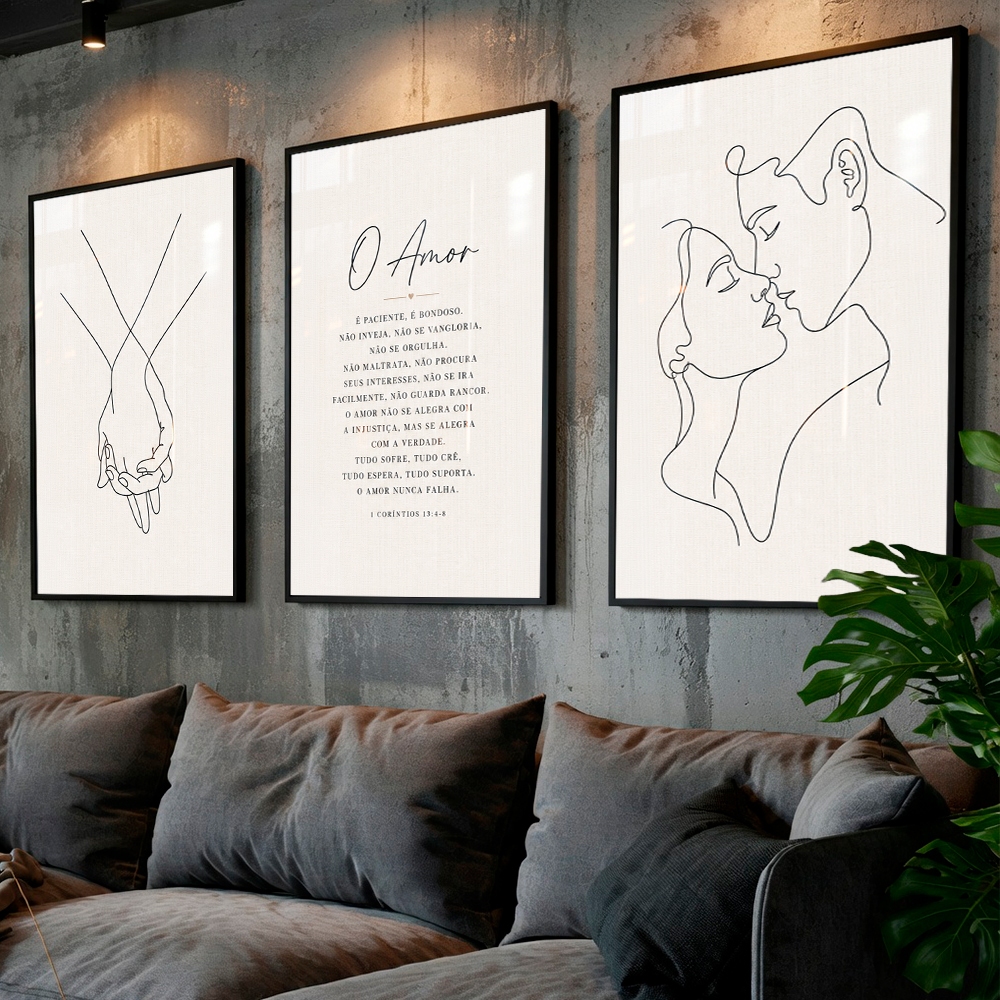 Quadros Decorativos Casal O Amor Quarto Casal Decoração 3 Peças Minimalista Moderna