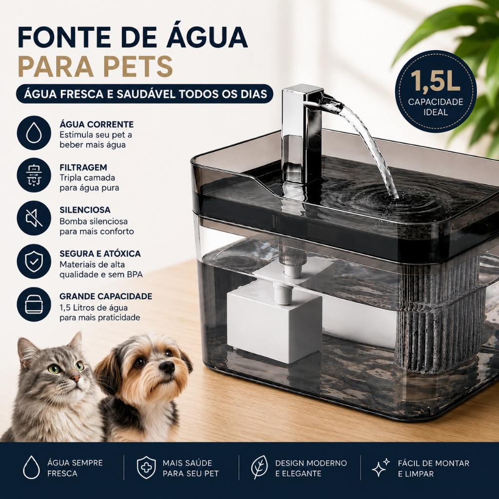 Fonte Água Automática Pet 1,5L Bivolt Silenciosa com Filtro | Bebedouro para Gatos, Cachorros Pets