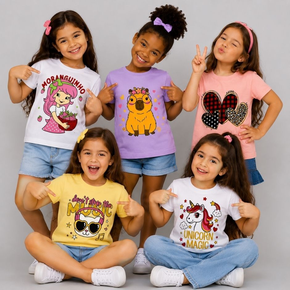 Kit 5 Blusa Feminina Infantil Estampadas 100% Algodão Básica Confortável